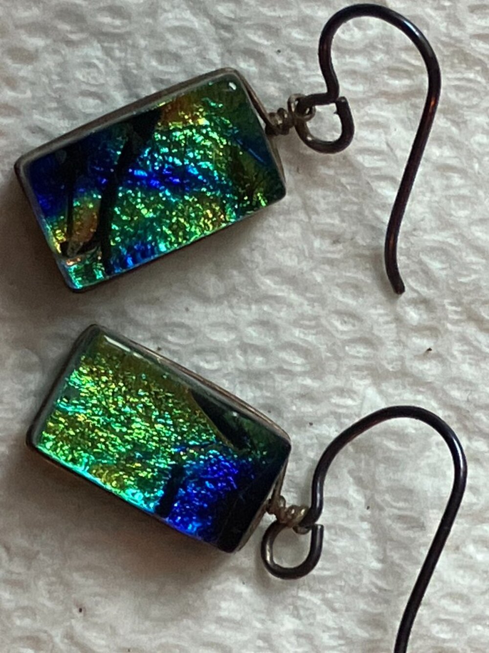 Hypoallergenic Niobium & Dichroic Fused Glass Earrings Iridescent Blue/Green